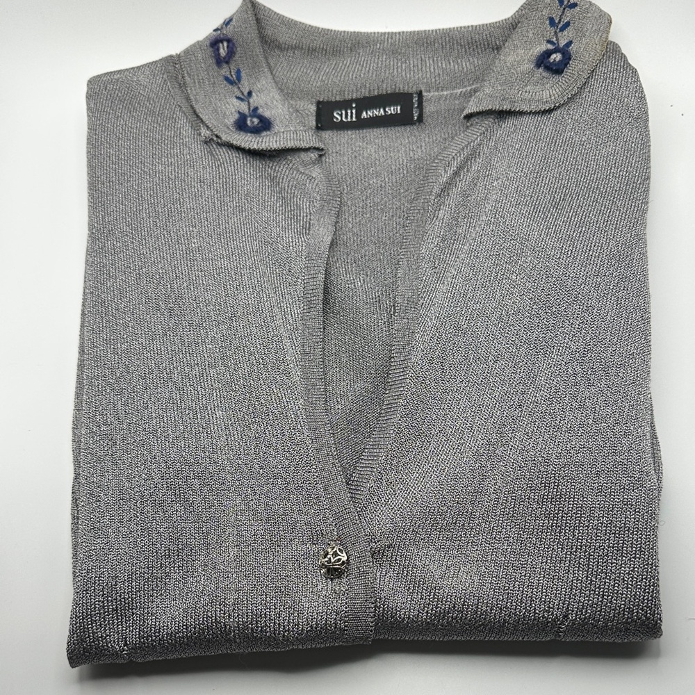 Exquisite Anna Sui Silver Long Sleeve Cardigan with Embroidered Collar